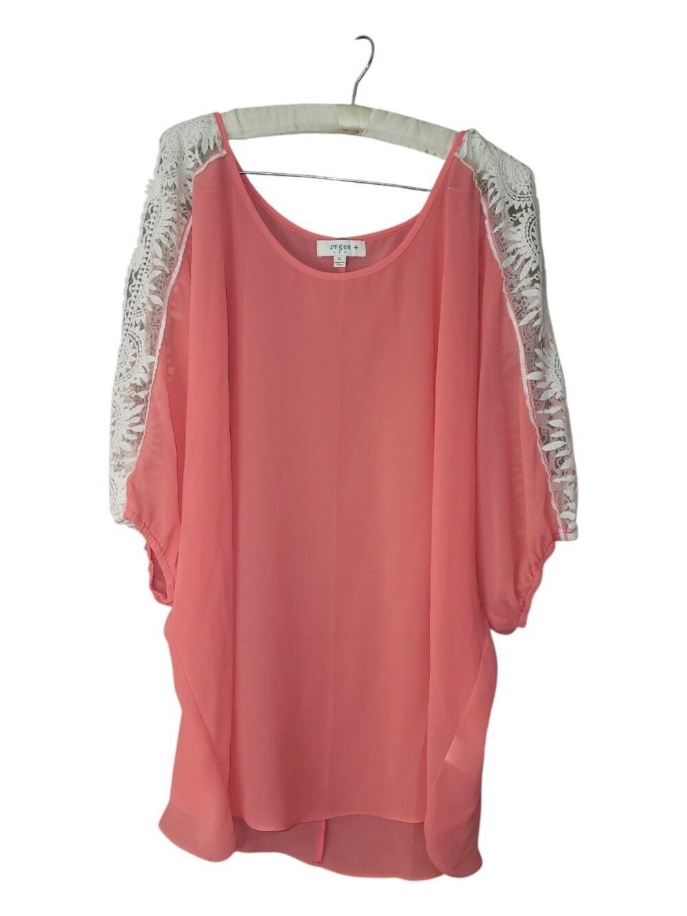 Umgee Coral Semi-sheer Tunic Top Crochet Lace Cold Shoulder Sleeves XL